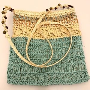 Cappella Straw Crossbody Beaded Crochet Zip top Straw Bag